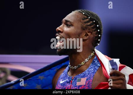 PARIS, FRANKREICH. August 2024. Noah Lyles vom Team United States feiert den Sieg des 100-m-Endspiels der Männer am 9. Tag der Olympischen Spiele 2024 in Paris. Quelle: Craig Mercer/Alamy Live News Stockfoto