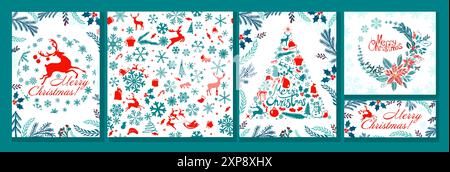 Weihnachtskarten mit Hirsch und Schneeflocken. Handzeichnung. Nicht AI, Vektorillustrationen. Stock Vektor
