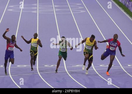 Parigi, Frankreich. August 2024. 100-Meter-Finale der Leichtathletik bei den Olympischen Sommerspielen 2024, Sonntag, 4. August 2024 in Paris, Frankreich. (Foto: Spada/LaPresse) Credit: LaPresse/Alamy Live News Stockfoto