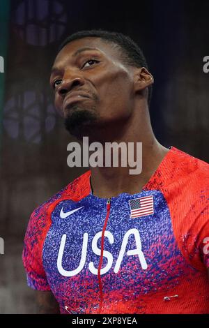 PARIS, FRANKREICH. August 2024. Fred Kerley vom Team United States reagiert auf das 100-m-Finale der Männer am 9. Tag der Olympischen Spiele 2024 in Paris. Quelle: Craig Mercer/Alamy Live News Stockfoto