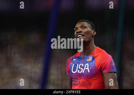 PARIS, FRANKREICH. August 2024. Fred Kerley vom Team United States reagiert auf das 100-m-Finale der Männer am 9. Tag der Olympischen Spiele 2024 in Paris. Quelle: Craig Mercer/Alamy Live News Stockfoto