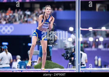 Saint Denis, Frankreich. August 2024. Yaroslava Mahuchikh (UKR), Leichtathletik, Hochspringfinale der Frauen während der Olympischen Spiele Paris 2024 am 4. August 2024 im Stade de France in Saint-Denis bei Paris, Frankreich - Foto Baptiste Autissier/Panorama/DPPI Media Credit: DPPI Media/Alamy Live News Stockfoto