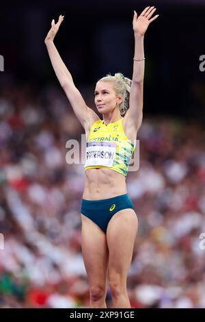 Paris, Frankreich, 4. August 2024. Elenor Patterson aus Australien reagiert beim Hochsprung der Frauen während der Olympischen Spiele 2024 in Paris am 4. August 2024 im Stade de France. Quelle: Pete Dovgan/Speed Media/Alamy Live News Stockfoto