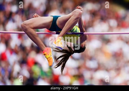 Paris, Frankreich, 4. August 2024. Nicola Olyslagers aus Australien springt beim Hochsprung der Frauen während der Olympischen Spiele 2024 in Paris am 4. August 2024 im Stade de France. Quelle: Pete Dovgan/Speed Media/Alamy Live News Stockfoto