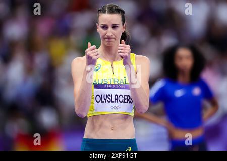 Paris, Frankreich, 4. August 2024. Nicola Olyslagers aus Australien reagiert im Hochsprung der Frauen während der Olympischen Spiele 2024 in Paris am 4. August 2024 im Stade de France. Quelle: Pete Dovgan/Speed Media/Alamy Live News Stockfoto