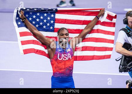 Saint Denis, Frankreich. August 2024. Noah Lyles (USA) Goldmedaille, Leichtathletik, 100-m-Finale der Männer während der Olympischen Spiele Paris 2024 am 4. August 2024 im Stade de France in Saint-Denis bei Paris, Frankreich - Foto Baptiste Autissier/Panorama/DPPI Media Credit: DPPI Media/Alamy Live News Stockfoto