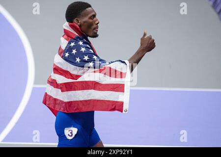 Saint Denis, Frankreich. August 2024. Fred Kerley (USA) Bronzemedaille, Leichtathletik, 100-m-Finale der Männer während der Olympischen Spiele Paris 2024 am 4. August 2024 im Stade de France in Saint-Denis bei Paris, Frankreich - Foto Baptiste Autissier/Panorama/DPPI Media Credit: DPPI Media/Alamy Live News Stockfoto