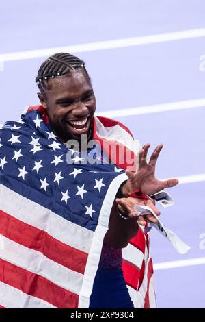 Saint Denis, Frankreich. August 2024. Noah Lyles (USA) Goldmedaille, Leichtathletik, 100-m-Finale der Männer während der Olympischen Spiele Paris 2024 am 4. August 2024 im Stade de France in Saint-Denis bei Paris, Frankreich - Foto Baptiste Autissier/Panorama/DPPI Media Credit: DPPI Media/Alamy Live News Stockfoto