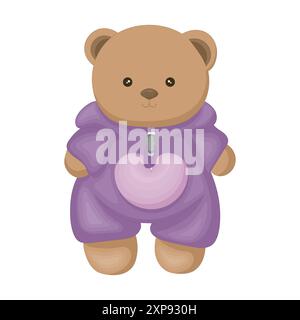 Niedlicher Teddybär in einem lila Kapuzenanzug mit Reißverschluss und Herztaschen Stock Vektor