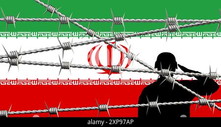 Nationalflagge, Stacheldraht und Silhouetten von Soldaten. Spannungen im Iran, Israel und Libanon. Stockfoto