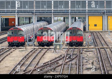 London, Großbritannien. 15. Juli 2024: Blick auf die Züge der Piccadilly Line im Northfields Depot Stockfoto