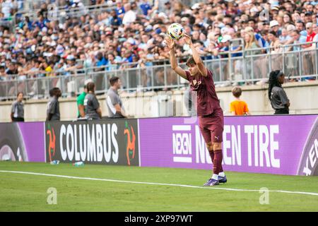Columbus, Ohio, USA. August 2024. Manchester City Verteidiger Tom Galvez (74). Manchester City spielt Chelsea in einem Freundschaftsspiel im Ohio Stadium. (Kindell Buchanan/Alamy Live News) Stockfoto