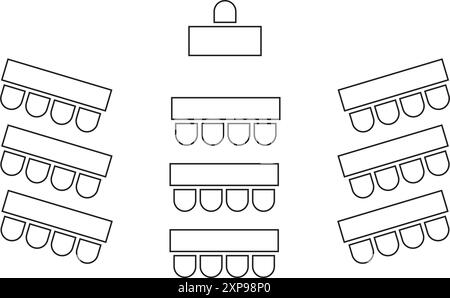 Sitzplan im Auditorium. Anordnung der Sitzplätze im Klassenzimmer oder im Vorlesungssaal. Schema des Arbeitsbereichs in Besprechung, Konferenz, Schulung oder anderen Geschäftsereignissen. Schreibtische Stock Vektor