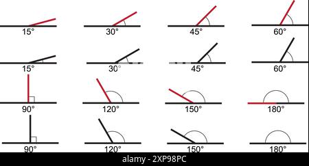 Satz von Symbolen für Winkelgrad. Verschiedene Winkelwerte isoliert auf weißem Hintergrund. Geometrische Messungen. Mathematische Symbole. Vektorgrafik Stock Vektor