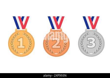 Gold-, Silber- und Bronzemedaillen mit Lorbeeren und Bändern Stock Vektor