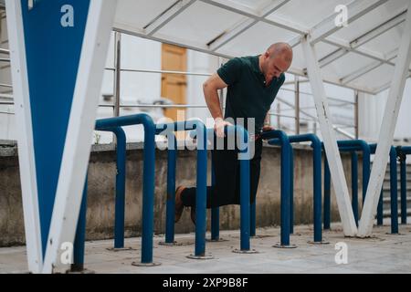 Mann mittleren Alters, der an Fitnessbars im Freien trainieren und Dips durchführt Stockfoto