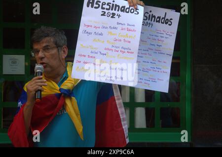 Asturien, Spanien. August 2024. Dutzende Venezolaner, die in Asturien leben, versammelten sich in Gijon für den weltweiten Aufruf zur Unterstützung Venezuelas und gegen Maduros Repression. (Kreditbild: © Mercedes Menendez/Pacific Press via ZUMA Press Wire) NUR REDAKTIONELLE VERWENDUNG! Nicht für kommerzielle ZWECKE! Stockfoto