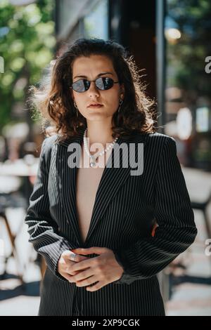 Selbstbewusster junger Geschäftspartner im gestreiften Anzug draußen an einem sonnigen Tag Stockfoto