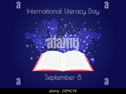 Internationaler Tag der Alphabetisierung am 8. September. Leuchtendes offenes Buch. Lesekonzept lieben. Illustration der Vektorabwicklung. Urlaubsposter, Karte. Stock Vektor