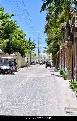 Coconut Drive in San Pedro Town auf Ambergris Caye, Belize. Ramon's Village Resort befindet sich auf der rechten Seite des Fotos. Stockfoto