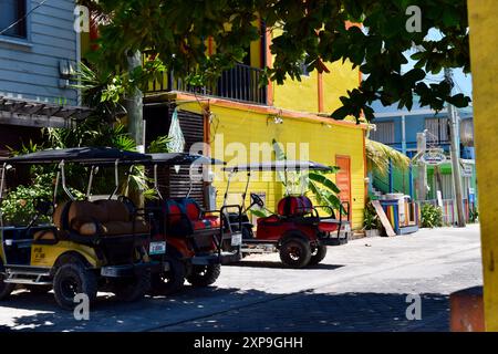 Die gelbe Fassade des inzwischen aufgelassenen Mango Restaurants an der Front Street, alias Barrier Reef Drive, in San Pedro Town, Belize. Stockfoto