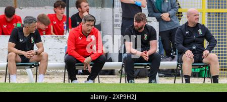 New Grosvenor Stadium, Lambeg, Nordirland, Großbritannien. August 2024. Für die Vorsaison geeignet – Lisburn Distillery V Glentoran. Football-Manager der Irish League, Glentoran-Trainer Declan Devine. Stockfoto