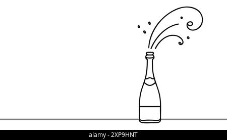 Durchgehende einzeilige Zeichnung der Sektflasche. Konzept von Beifall, Toast, Urlaub im Line Art Stil. Abbildung auf weißem Hintergrund Stock Vektor