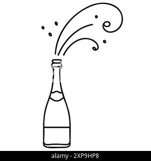 Durchgehende einzeilige Zeichnung der Sektflasche. Konzept von Beifall, Toast, Urlaub im Line Art Stil. Abbildung auf weißem Hintergrund Stock Vektor
