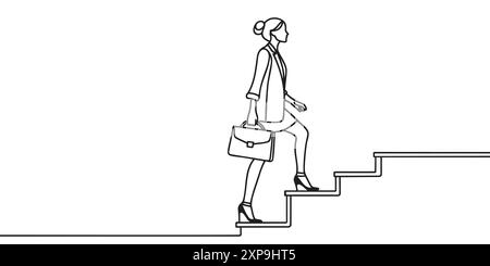 Wirtschafts- und Bildungskonzept. Frau, die Treppen klettert, durchgehend eine Linie zeichnet Stock Vektor