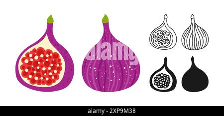 Fig.-Symbol-Zeichentrickset. Reife halbe und ganze Feigen kritzeln Symbol. Abstrakte kindliche handgezeichnete saftige lila exotische Frucht oder Beere. Einfache, stilisierte Zeichenform. Vektor trendige Clipart-Illustration Stock Vektor