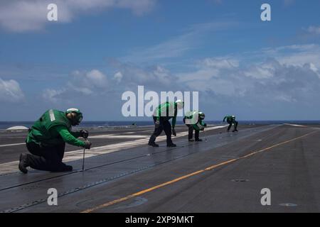 240724-N-IJ966-1175 PAZIFISCHER OZEAN (24. Juli 2024) Seeleute führen Katapulte auf dem Flugdeck des Flugzeugträgers USS Abraham Lincoln (CVN 72) durch. Abraham Lincoln, das Flaggschiff der Carrier Strike Group Three, führt im Einsatzgebiet der 3. US-Flotte Routineoperationen durch. Als integraler Bestandteil der U.S. Pacific Fleet betreibt die U.S. 3rd Fleet Marinestreitkräfte im Indo-Pazifik und bietet zudem realistische und relevante Schulungen an, die notwendig sind, um die zeitlosen Aufgaben unserer Navy in der Seestreitkontrolle und der Kraftprojektion einwandfrei auszuführen. Die 3. US-Flotte arbeitet in der Nähe Stockfoto