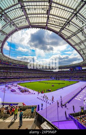 Saint Denis, Frankreich - 3. August 2024 - Allgemeine Ansicht des Stade de France während des Leichtathletik- (Leichtathletik- und Leichtathletik-) Sportereignisses während des Paris 2024 su Stockfoto