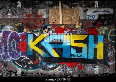 Die Ruinen von CFS Lac St. Denis, Québec, Kanada und seine Graffiti- und Bauschäden. Stockfoto