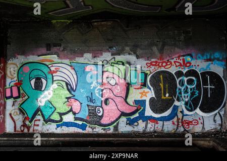 Die Ruinen von CFS Lac St. Denis, Québec, Kanada und seine Graffiti- und Bauschäden. Stockfoto