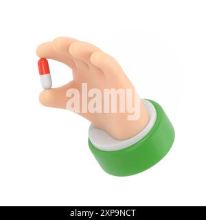 3D-Rendering. Rot-weißes Pillen-Symbol. Doktor oder Apotheker Cartoon Hand mit schwarzer Haut hält kleine Pille. Illustration des medizinischen Gesundheitswesens. Pharmazeutische cl Stockfoto