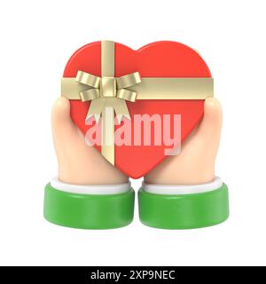 Geschenkherz am Valentinstag mit Liebeserklärung. Das Herz in der Hand mit Band und Schleife halten. Schenken Sie ein Geschenk. Abbildung Flat Design.3D ren Stockfoto