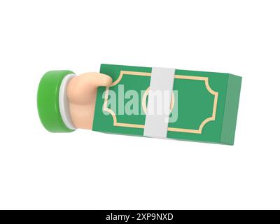 3D-Cartoon-Hand hält Dollarscheine. Konzept der Finanzoperation. Zahlung und Cashback. Geldinvestitionen und Geschäftsverkehr. 3D-Rendering auf WISE Stockfoto