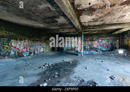 Die Ruinen von CFS Lac St. Denis, Québec, Kanada und seine Graffiti- und Bauschäden. Stockfoto