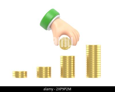 Cartoon Gesture Icon Mockup.männliche Hand stapelt goldene Münzen. Konzept persönlicher Investitionen und Einsparungen.3D-Rendering auf weißem Hintergrund. Stockfoto