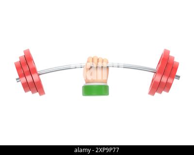 Starkes Konzept. Symbol „Barbell in Hands“. Hand eines Mannes, der eine Hantel hält. Flache 3D-Illustration. Gewichtheben, Training hart Konzept. Sportliche Fitness Stockfoto