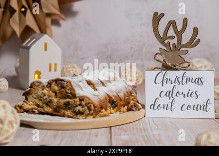 Papiernotiz mit Text WEIHNACHTSKALORIEN ZÄHLEN NICHT ZU Witz-Humor. Hausgemachte Weihnachtskuchenkuchen mit Marzipannüssen und getrockneten Früchten Gebäck Dessert Stollen. Winterferien saisonale Atmosphäre. Köstliche geschmackvolle Komposition Tischeinstellung Kopierraum Stockfoto