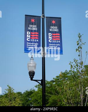 Die Uniter Center DNC Banner in Chicago, Illinois. Austragungsort der Democratic Nation Convention. Stockfoto