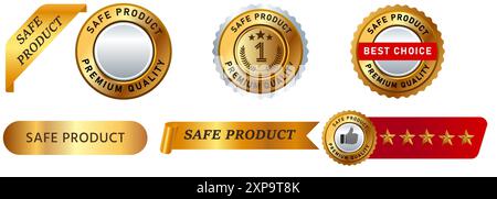 Sichere Produktstempelsammlung Produkte Gesundheitswesen Gesundheit natürlich geprüft vertrauenswürdige Zulassung ungiftig reine saubere Design Rotgold Farbe Stock Vektor