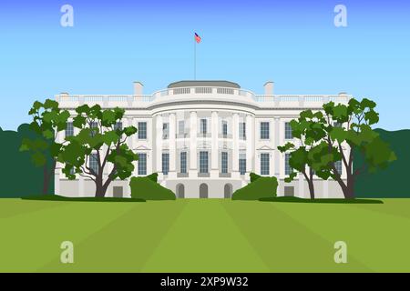 Vektorgrafiken der Südseite der Fassade des Weißen Hauses Washington DC. Realistische Illustration eines Hinterhofs. Stock Vektor