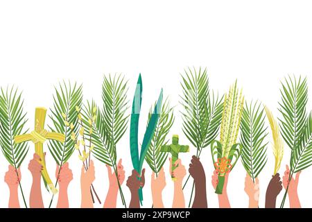 Palmensonntag-Konzept. Bräuche verschiedener Völker der Welt. Die Hände von Menschen unterschiedlicher Nationalitäten werden mit Palmenzweigen aufgezogen, Stock Vektor