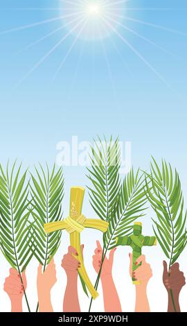 Feier des Palmensonntags. Die Hände von Menschen unterschiedlicher Nationalität werden mit Palmenzweigen gegen den blauen Himmel erhoben. Das Konzept der Einheit von Stock Vektor