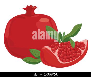 Reife Granatapfelfrucht mit Blättern Vektor-Illustration. Isolierter weißer Hintergrund. Roter Granatapfel im flachen Stil. Geschnittene Granate. Früchte des Südens. Stock Vektor