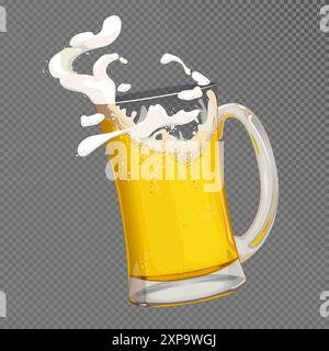 Eine Tasse frisches Bier. Ein Glas mit Schaumspritzern auf transparentem Hintergrund. Vektor-Illustration für Brauereimenü, Oktoberfest, Partyeinladungen. Stock Vektor