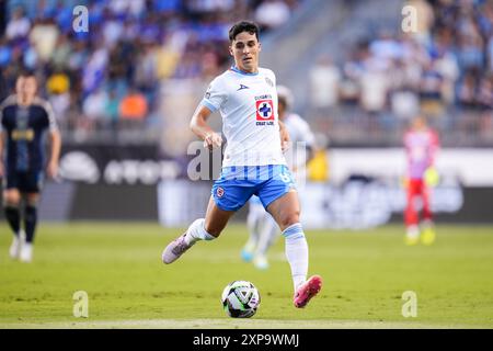 4. August 2024: Cruz Azul-Mittelfeldspieler Lorenzo Faravelli (8) jagt den Ball in der ersten Hälfte eines Liga-Cup-Spiels gegen die Philadelphia Union im Subaru Park in Chester, Pennsylvania. Kyle Rodden/CSM Stockfoto