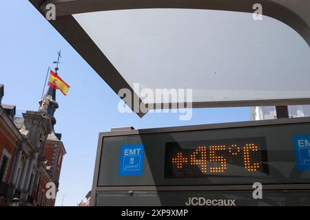 Madrid, Spanien. August 2024. Ein Thermometer misst 45 Grad Celsius im Zentrum von Madrid. Spanien leidet heutzutage unter aufeinanderfolgenden Hitzewellen. Quelle: SOPA Images Limited/Alamy Live News Stockfoto